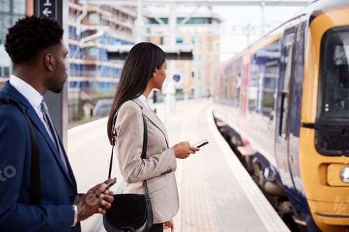 Preview: Businessman And Businesswoman Commuting To Work On Railway Platform Waiting For Train