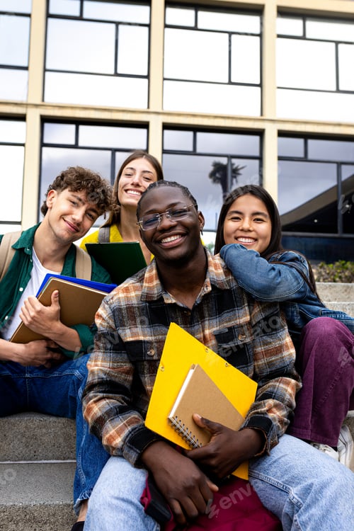 Preview: Vertical portrait of smiling group of multiracial college student friends looking at camera