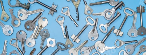 Preview: Keys set on blue background. Door lock keys and safes for property security and house protection
