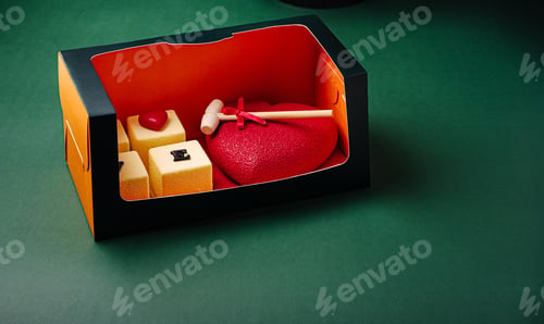 Preview: Delicate dessert box featuring heart-shaped cake and colorful confections