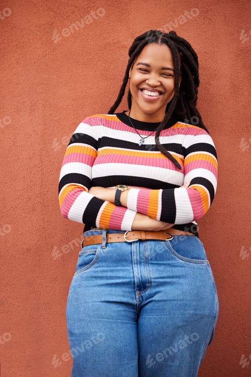 Preview: Portrait, proud and black woman on mockup in studio, happy, relax and smile on orange background. F