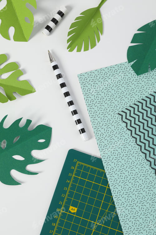 Preview: Patchwork accessories concept on white background, cutting mat