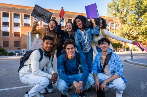 Preview: Diverse group of university students smiling happy on campus