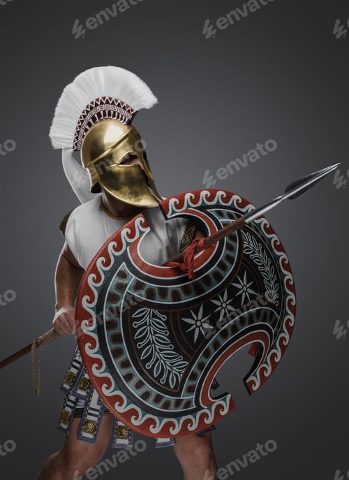 Preview: Combative spearman from antique greece against gray background