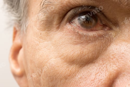 Preview: A senior Hispanic man with a pink eye infection in one of his eyes