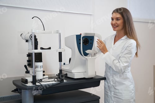 Preview: Cheerful eye doctor holding autorefractor by lens hood