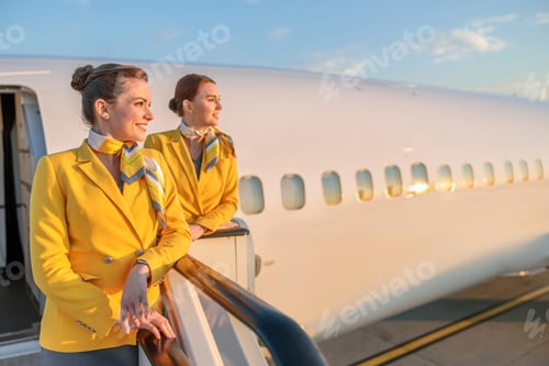 Preview: Joyful flight attendants standing near aircraft door at airport
