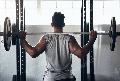 Preview: Fitness exercise in gym, man weightlifting barbell motivation and athlete training body with heavy