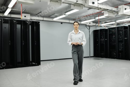 Preview: A woman in a white shirt confidently works in a sleek server room, managing technology.