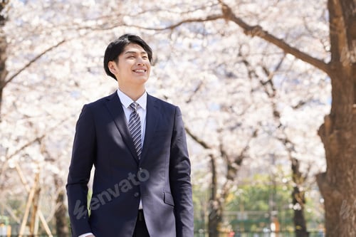 Preview: A smiling Japanese businessman stands with a cherry blossom in the background.