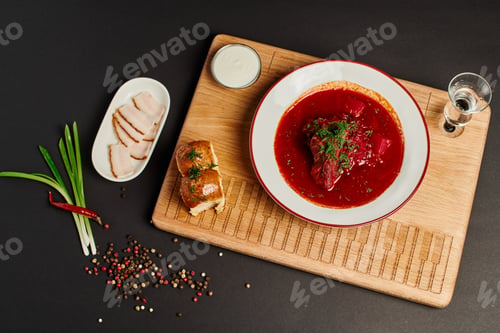 Preview: Ukrainian beetroot soup near garlic buns, pork lard and green onions on cutting board on black