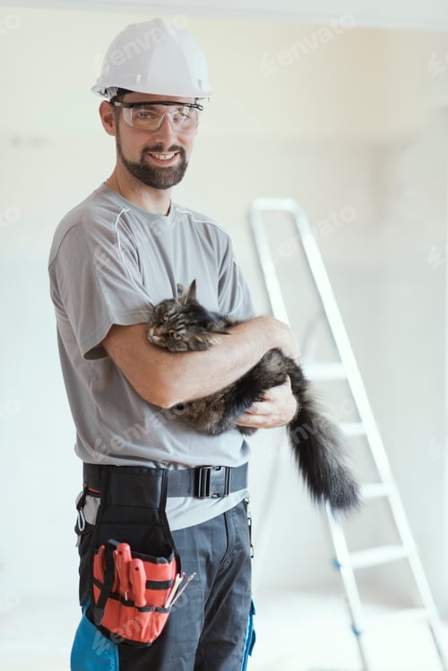Man Holding Cat Wearing Hard Hat Indoors