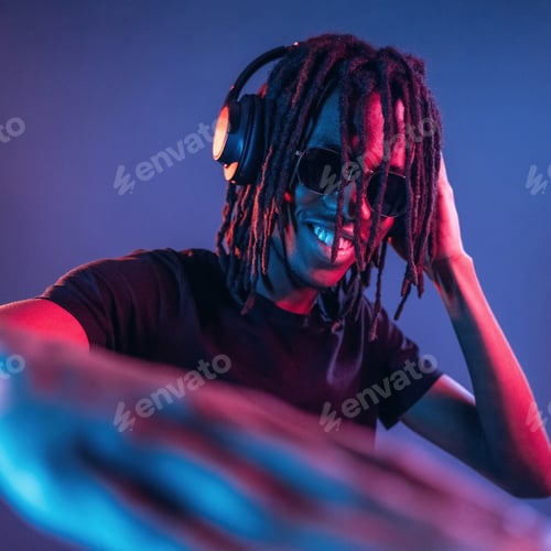 Preview: DJ in club. African American guy is studio with neon lighting
