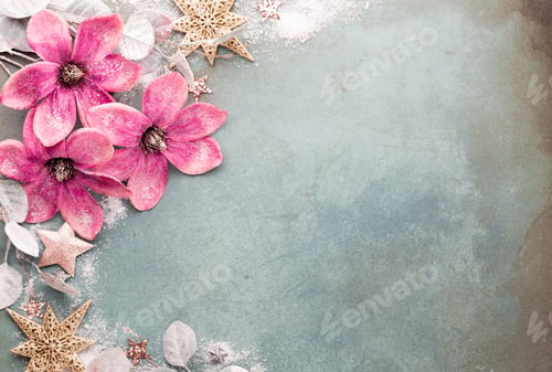 Preview: Beautiful Christmas pink flower on vintage blue background.