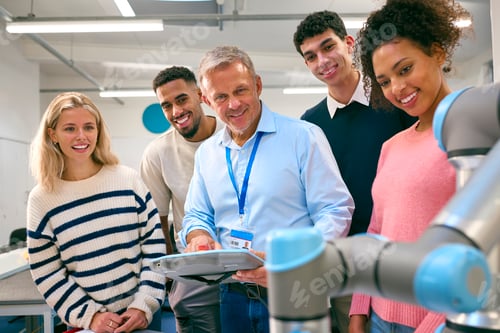 Preview: Group Of College Or University Engineering Students In Robotics Class With Male Teacher