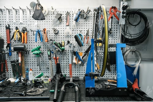 Preview: Bicycle workshop interior, tools on the wall