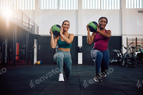 Preview: Happy sportswomen exercising with medicine balls in lunge position in health club.