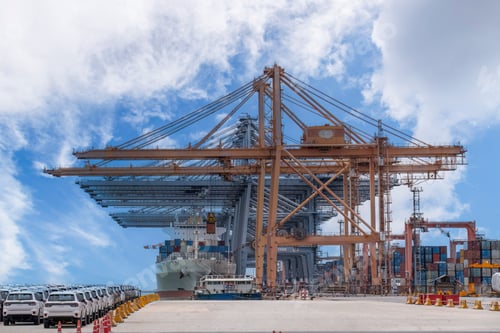 Preview: Logistics container dock cargo yard with working crane bridge in shipyard with transport logistic im