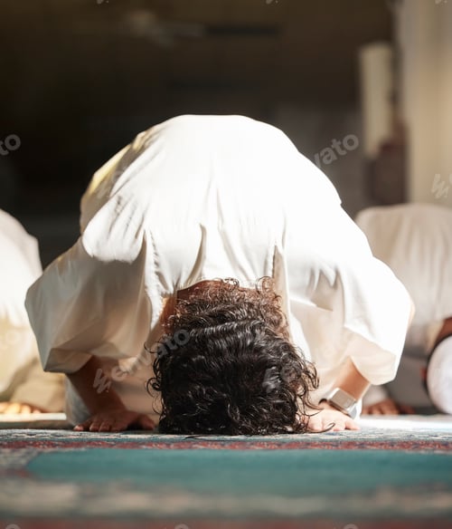 Preview: Muslim, prayer and mosque with a spiritual man group praying together during fajr, dhuhr or asr, ot