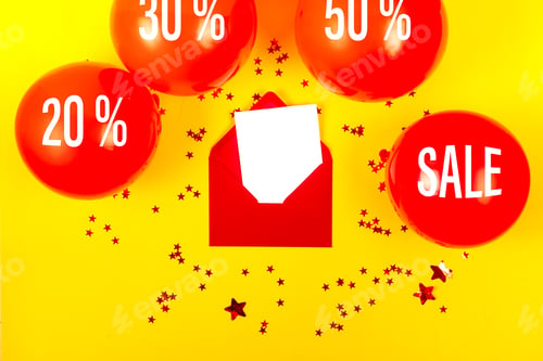 Preview: Banner with "Sale" Red Balloons on yellow Background. Black Friday Sale shopping concept.