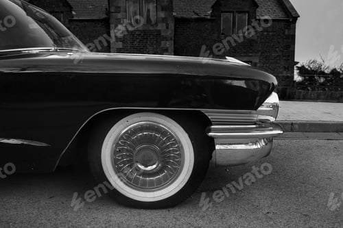Preview: Side view from an american classic car in black and white