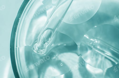 Preview: Close-up - the structure of the gel. Transparent cosmetic gel in a Petri dish