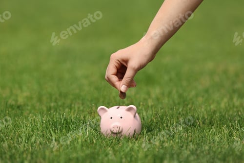 Preview: Young woman putting coin into piggy bank on green grass outdoors, closeup