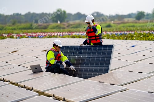 Preview: Renewable Energy Eco Technology Electric Power. Floating solar panels on lake.