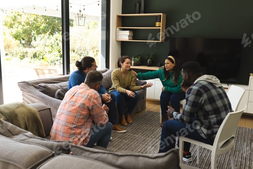 Preview: Diverse group of friends talking and supporting each other on therapy session