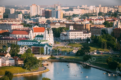 Preview: Panorama, cityscape of Minsk, Belarus. Summer season, sunset time.