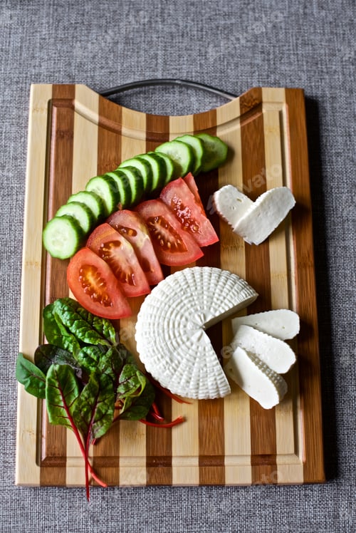 Preview: Fresh Vegetables and Cheese on a Cutting Board