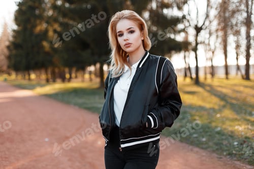 Preview: Pretty beautiful young blond woman in a black spring stylish jacket in white polo. American fashion