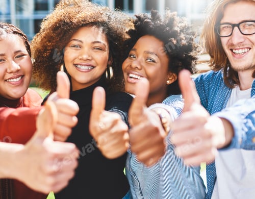 Preview: Cropped portrait of a diverse group of college friends giving thumbs up while standing outside