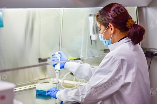 Preview: Woman researcher working in a bio safety cabinet