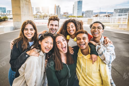 Preview: Multiracial group of friends taking selfie picture outdoors