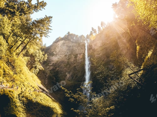Preview: Bright sunny nature outdoor adventure hike waterfall cliff mountain edge trees greenery Portland sun