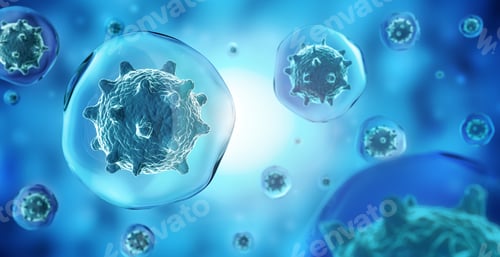 Preview: Microscopic Viruses Floating in Blue Cell Environment