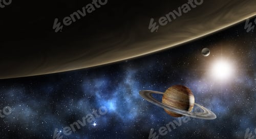 Preview: jupiter, saturn and the milky way, 3d illustration