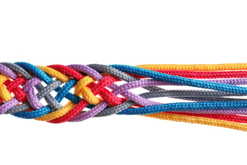 Preview: Braided colorful ropes on white background. Unity concept