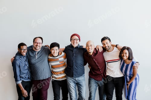 Preview: Cheerful diverse people embracing each other