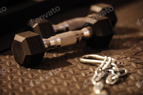 Preview: Some weights lying on the home gym floor and I had to bokeh up the chain for just a little