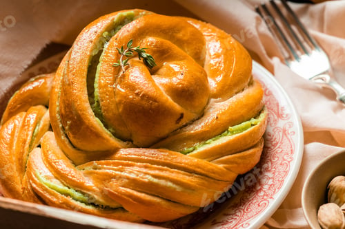 Preview: homemade buns with cream and pistachio cream decorated with thyme freshly baked for breakfast