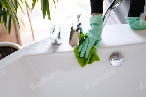 Preview: a girl in green rubber gloves and a gray apron washes the shower. General cleaning of the bathroom.