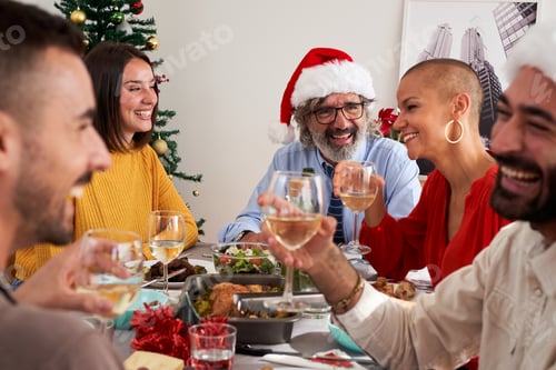 Preview: Happy family having lunch together for Christmas day, enjoying each other company.