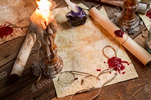 Preview: Closeup of table filled with old messages and candles
