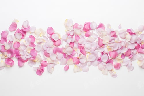 Preview: Pink rose flowers petals on white background. Flat lay, top view, copy space.