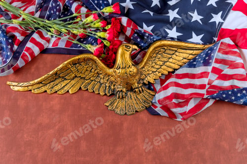 Preview: Symbol of america is North American Bald Eagle with a American flag.