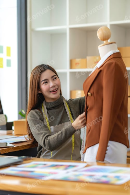 Preview: Successful fashion designer. Full length of attractive young asian woman looking at camera with smil