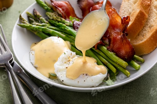 Preview: Healthy breakfast with poached eggs, bacon and asparagus