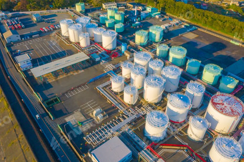 Preview: Petrochemical oil refinery and sea in industrial engineering, urban city. Oil and gas tanks